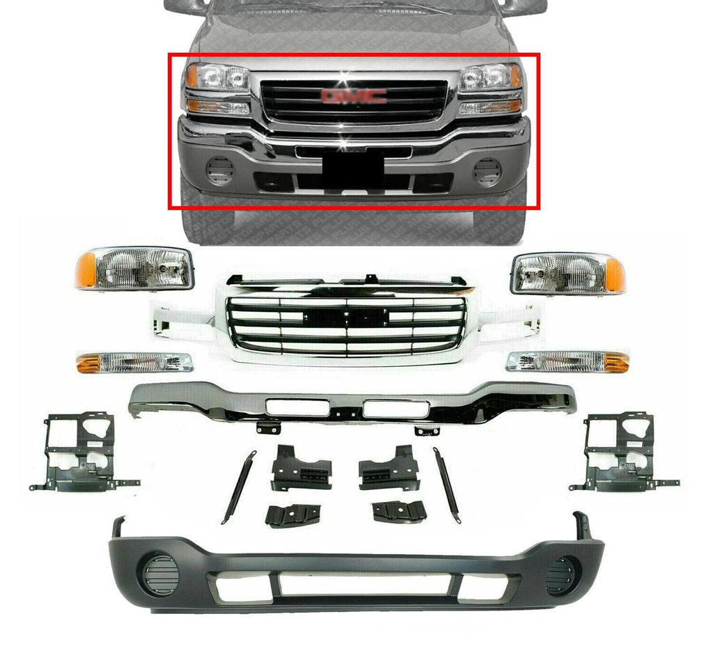 Front Bumper with Brackets + Valance + Grille + Lights For 2003-2006 GMC Sierra 1500