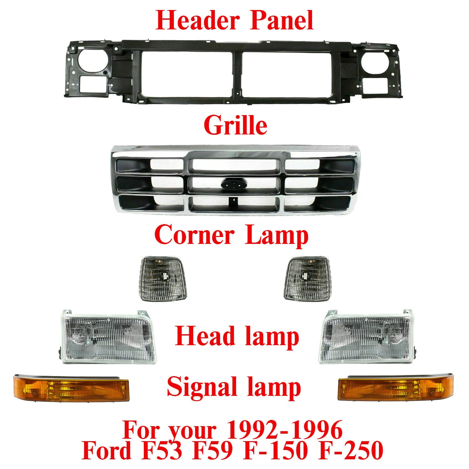 Front Header Panel + Grille + Head Lights Kit For 1992-1997 Ford