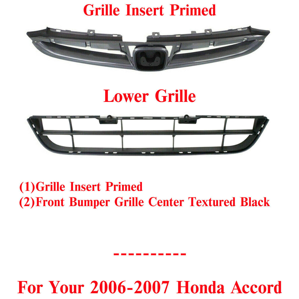 Front Upper Grille Primed Insert +Lower Grille Textured For 2006-07 Honda Accord