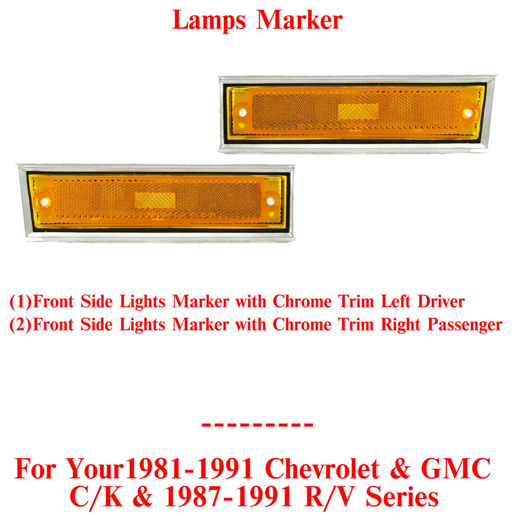 Front LH & RH Side Lamps Marker W/ Chrome Trim For 81-91 Chevy & GMC C/K Series