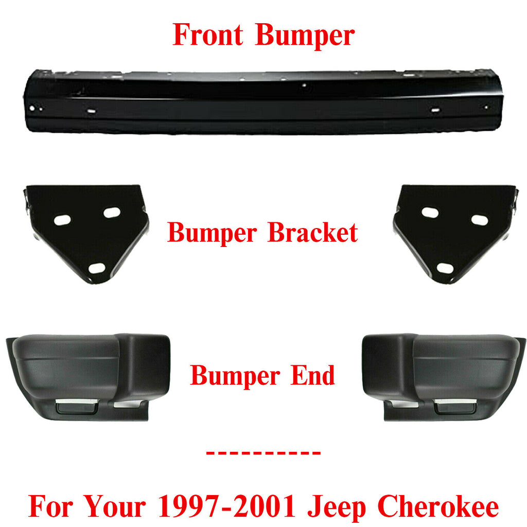 Front Bumper Face Bar + Ends + Mounting Brackets For 1997-2001 Jeep Cherokee