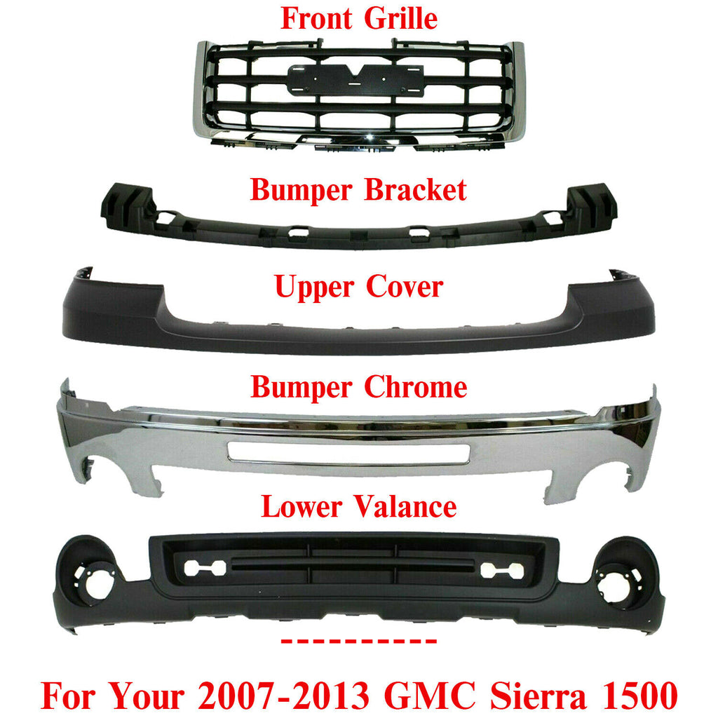 Front Bumper Chrome + Grille + Upper + Valance For 2007-2013 GMC Sierra 1500