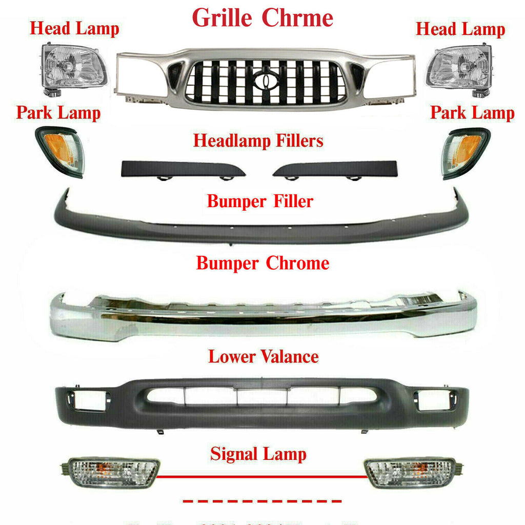 Front Chrome Grille with Black Insert + Bumper Kit For 2001-2004 Toyota Tacoma