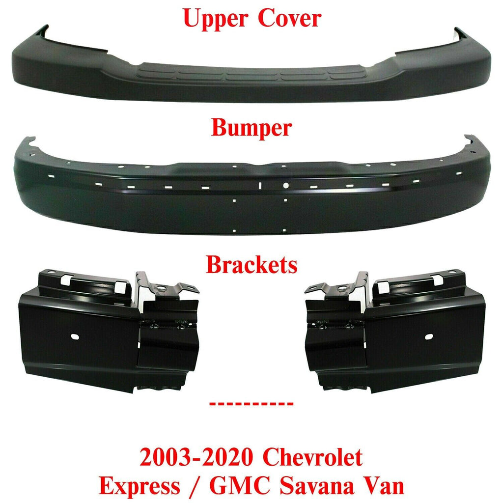 Front Bumper Primed + Upper Cover + Brackets For 03-20 Express/ Savana 2500 3500