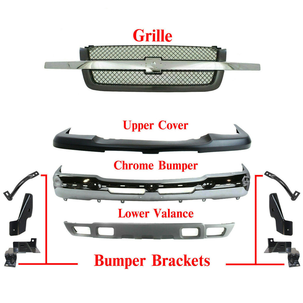 Front Bumper Kit Chrome Steel + Grille + Brackets For 2003-2006 Silverado 1500