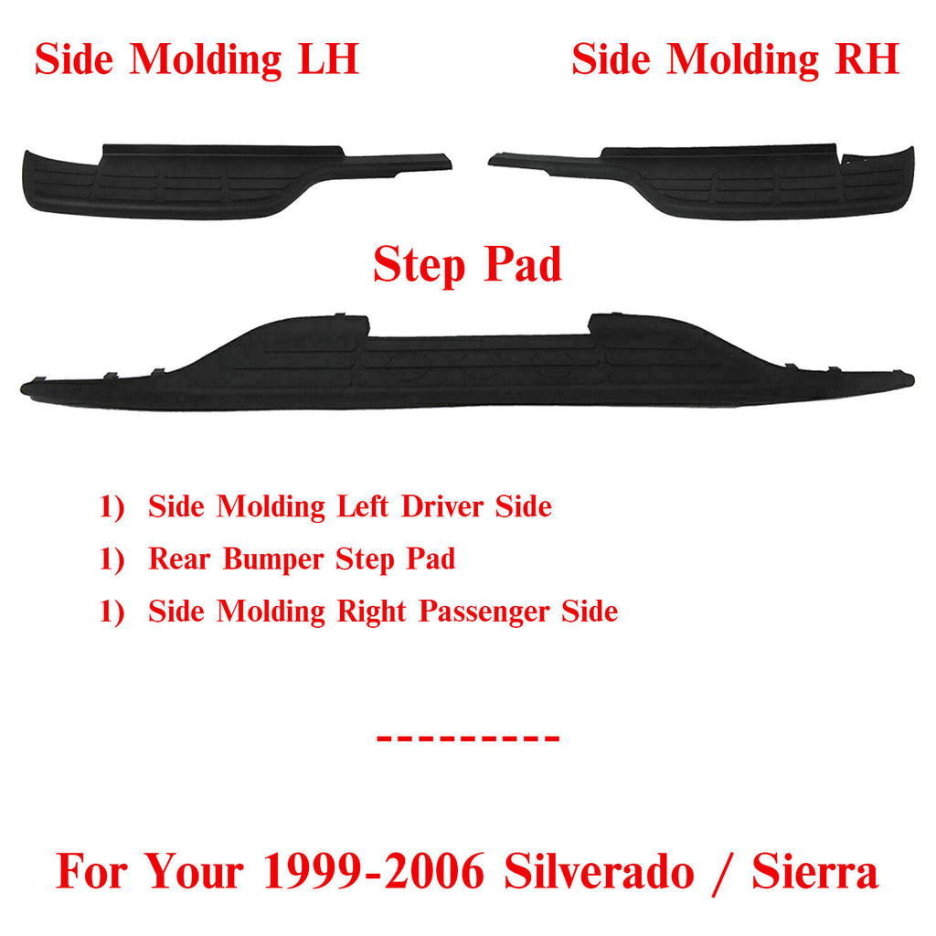 Rear Bumper Step Pad + Side Moldings For 1999-2006 Silverado / Sierra HD Models