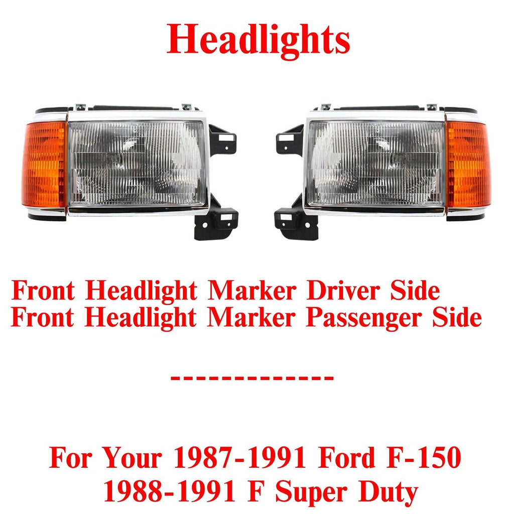 Set Of Headlight Assembly LH & RH For 1987-1991 Ford F-150 1988-91 F-Super Duty