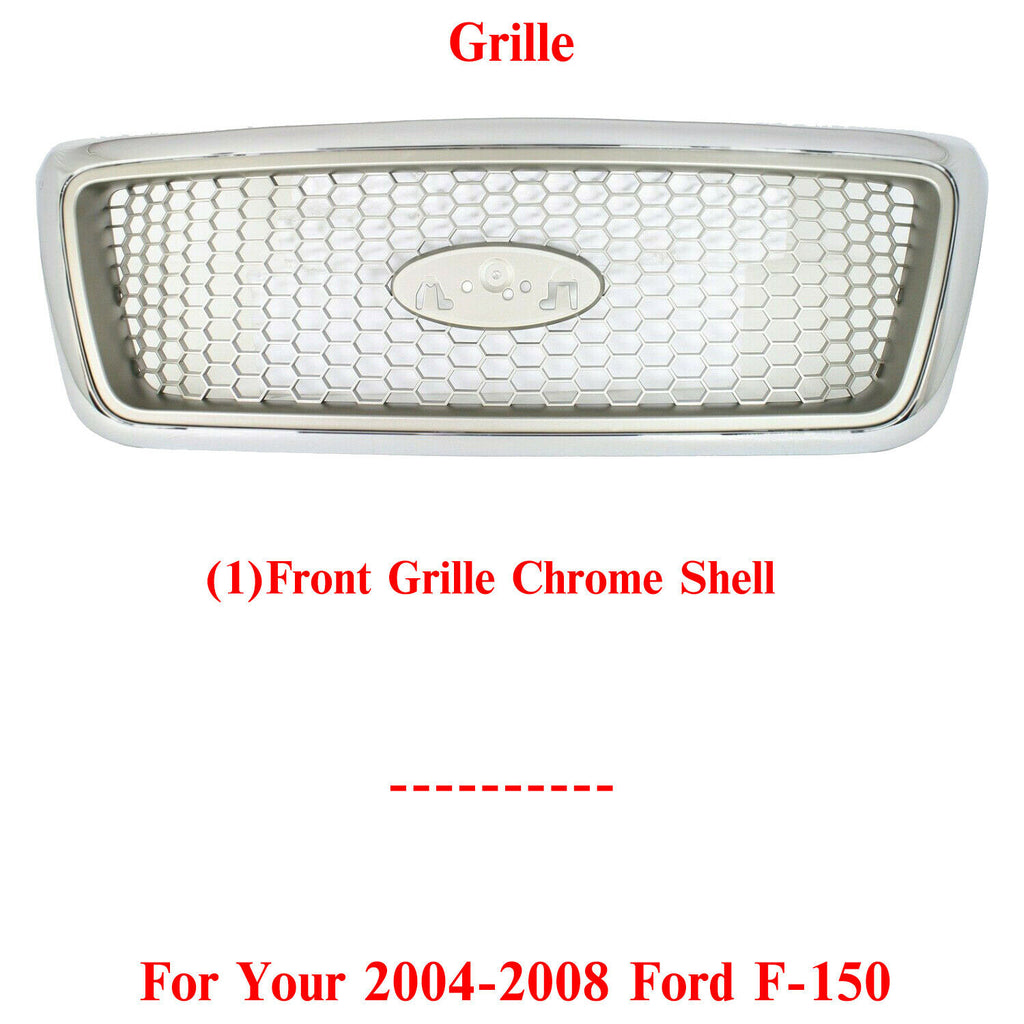 Front Grille Chrome Shell With Beige Insert Plastic For 2004-2008 Ford F-150