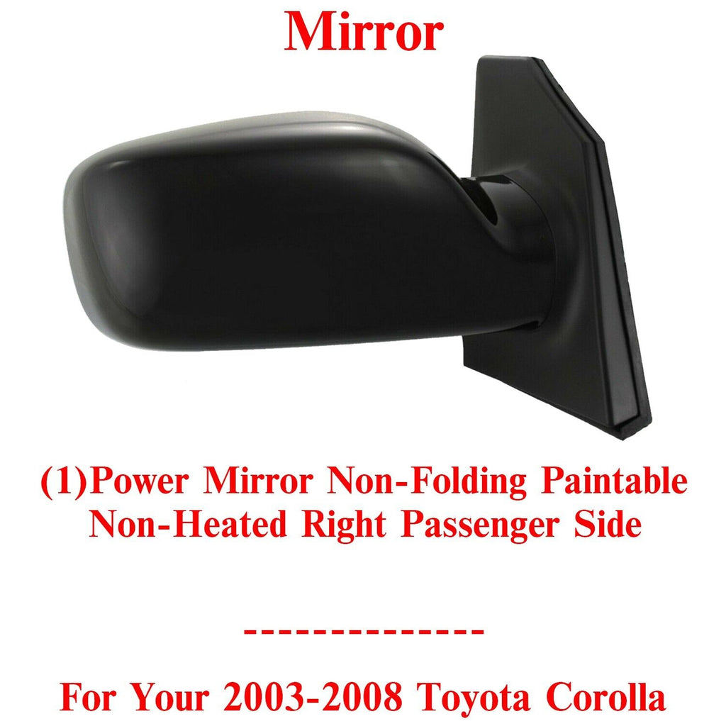 Power Mirror Right Side Non-Fold Paintable Non-Heated For 2003-08 Toyota Corolla