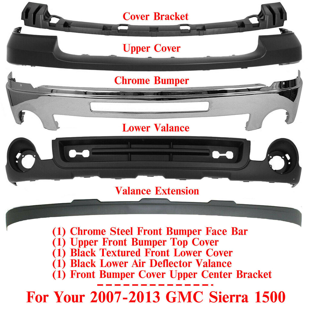 Front Bumper Chrome Steel Complete Kit For 2007-2013 GMC Sierra 1500 Pickup