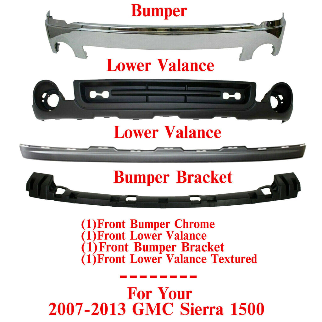 Front Bumper Chrome + Valance + Extension Bracket For 2007-2013 GMC Sierra 1500