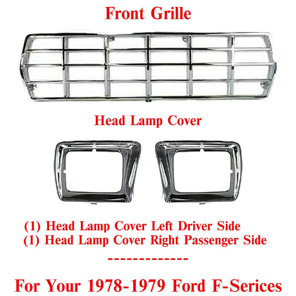 Front Grille Chrome + Head Lamps Bezels For 1978-1979 Ford F-Series / Bronco