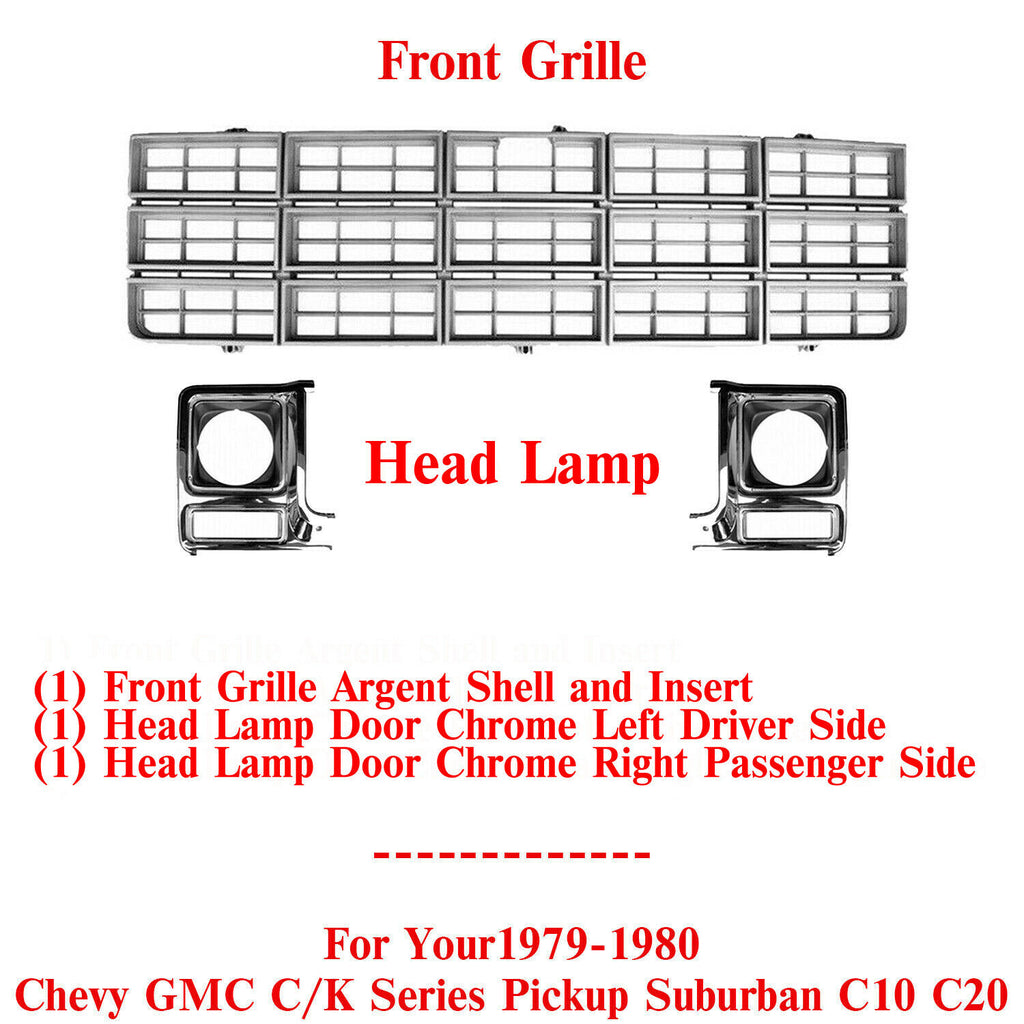 Grille silver and Headlamp Bezel Chrome For 79-80 Chevy GMC C/K Series C10 C20