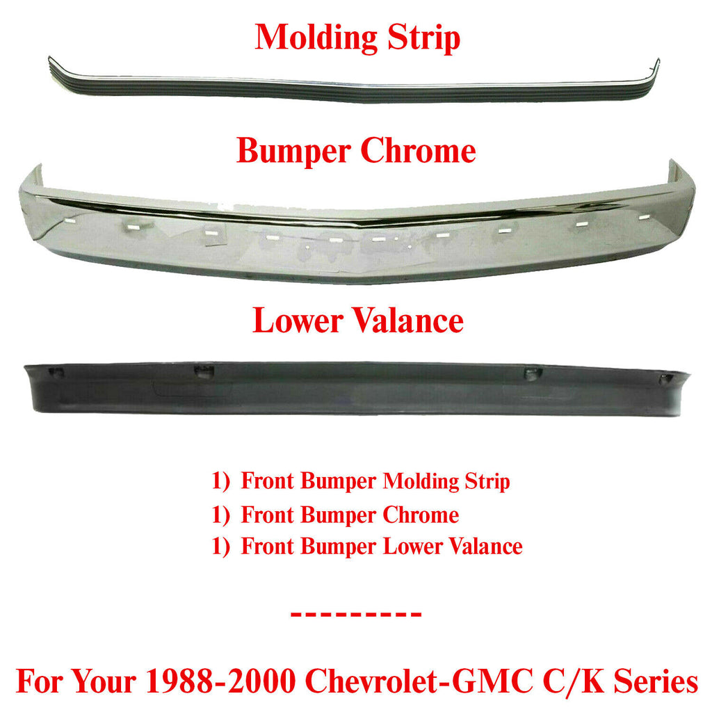 Front Bumper Chrome + Molding + Lower Valance For 88-00 Chevrolet-GMC C/K Series