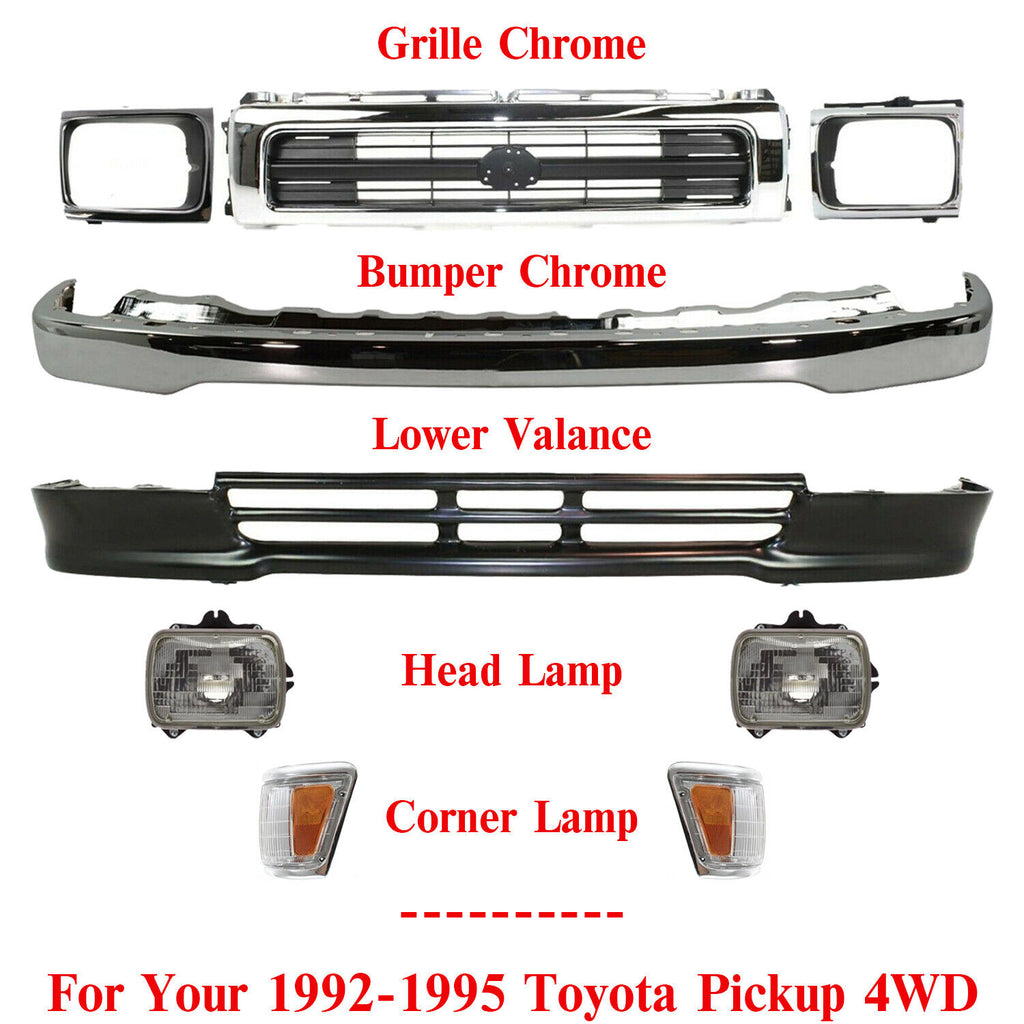 Front Bumper + Grille Chrome + Valance + Lamps For 1992-1995 Toyota Pickup 4WD