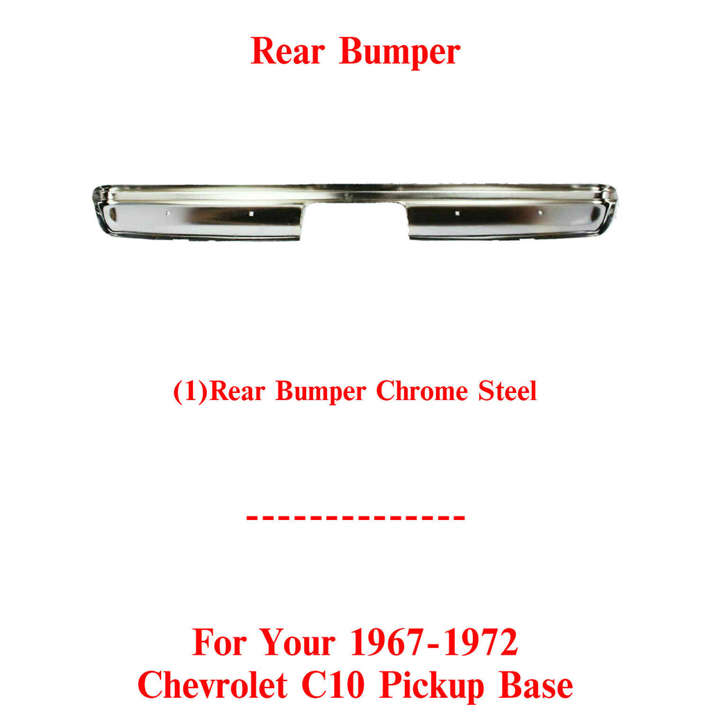 Rear Bumper Chrome Steel For 1967-1972 Chevrolet C10 Pickup Base Fleetside