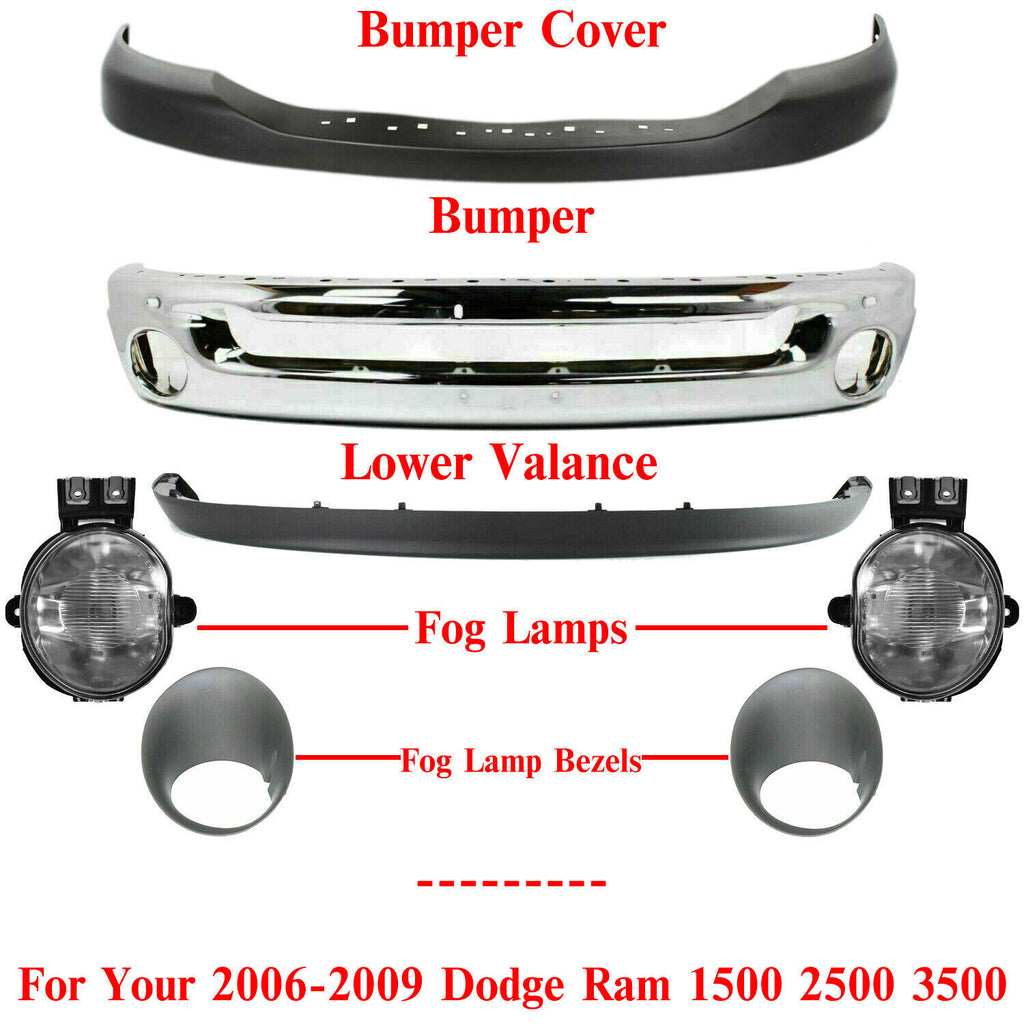 Front Chrome Bumper Kit + Fog Light & Bezel For 2006-09 Dodge Ram 1500 2500 3500