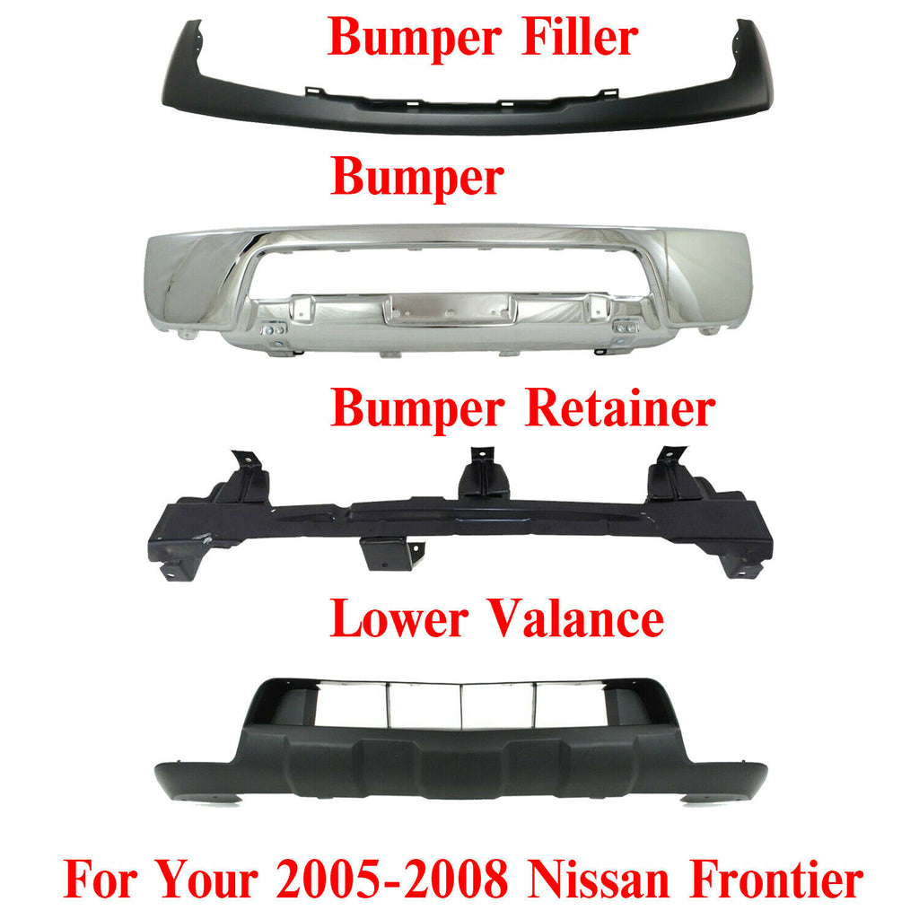 Bumper Chrome Steel + Filler + Retainer + Valance For 2005-2008 Nissan Frontier