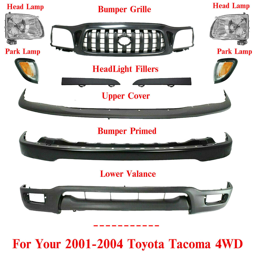 Front Primed Bumper Kit + Grille + Head Lights For 2001-2004 Toyota Tacoma 4WD