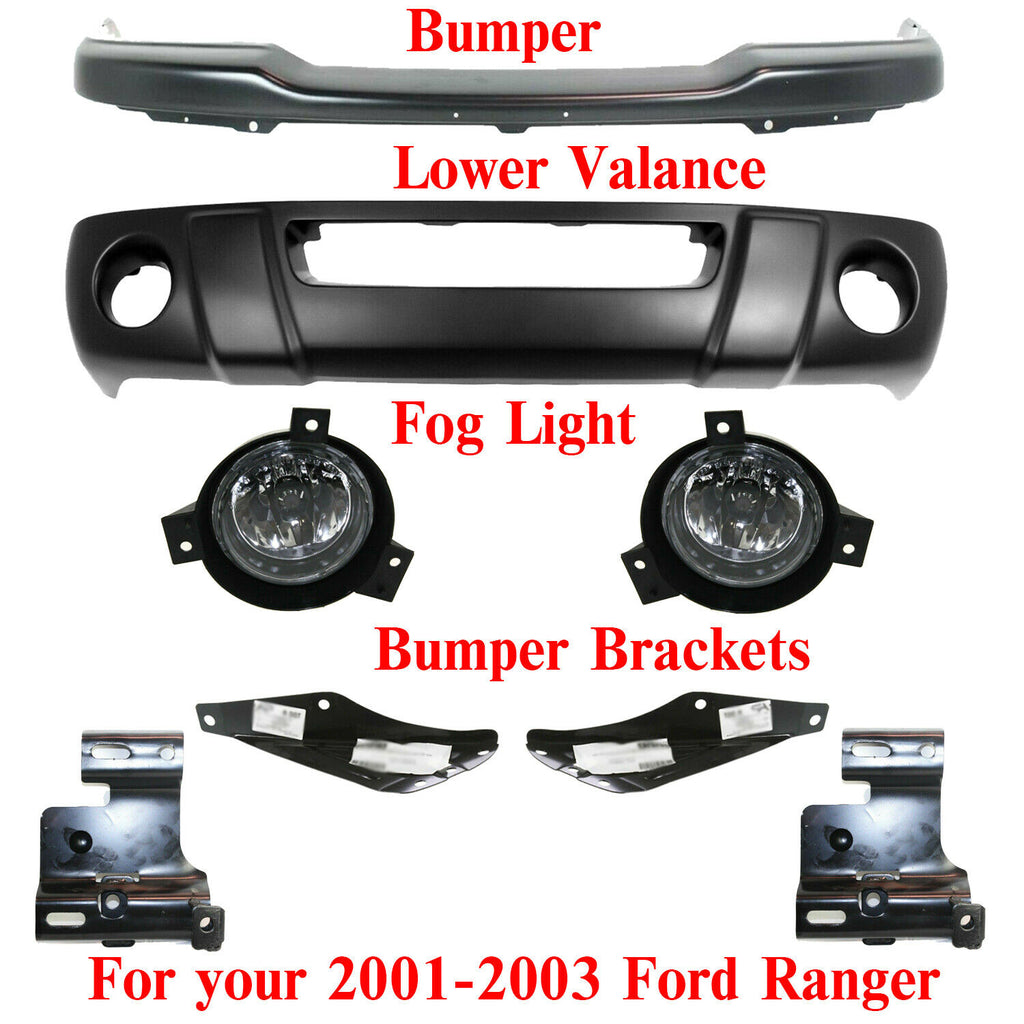 Front Bumper Primed + Valance + Brackets + Fog Lamps For 2001-2003 Ford Ranger