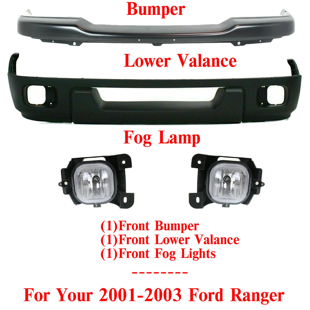 Front Bumper Primed + Valance Textured + Fog Lights For 2004-2005 Ford Ranger