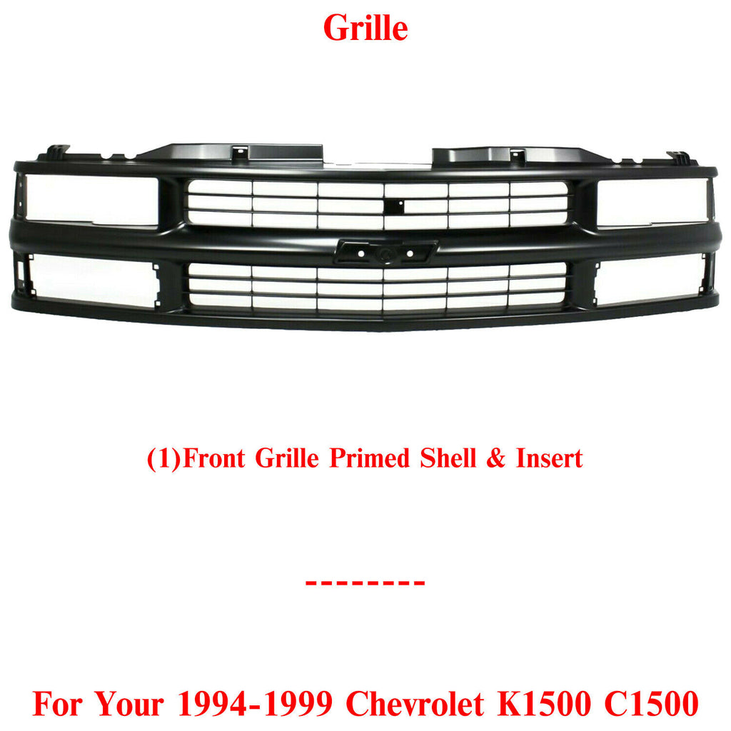 Front Grille Primed Shell & Insert Plastic For 1994-1999 Chevrolet K1500 C1500