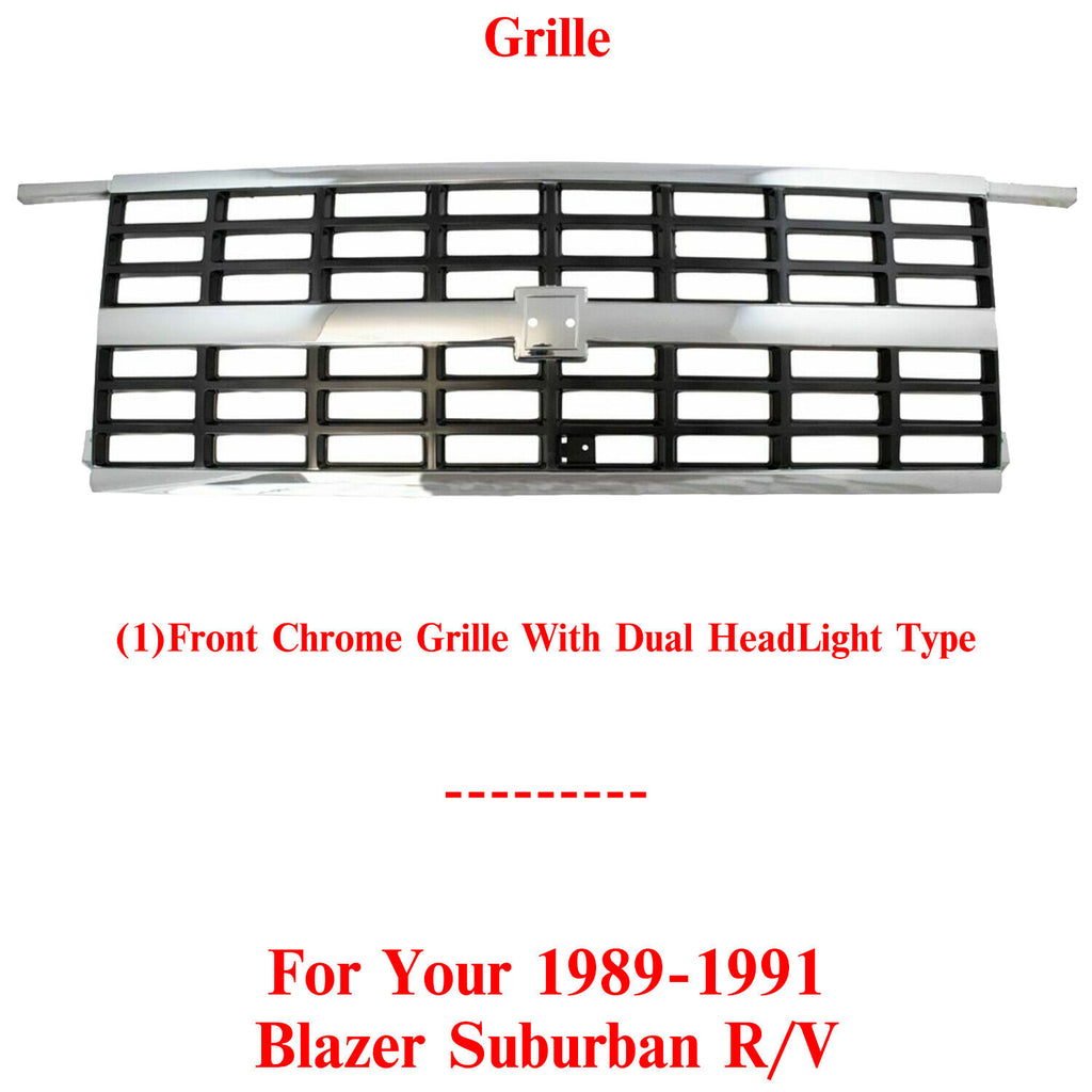 Front Chrome Grille with Dual Headlights For 89-91 Chevrolet Blazer Suburban R/V