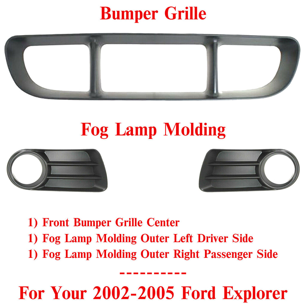 Front Bumper Center Grille & Fog Lamp Bezels For 2002-2005 Ford Explorer