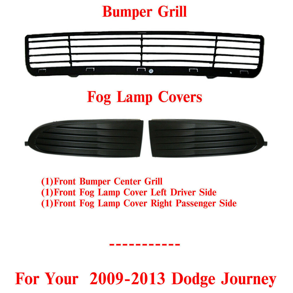 Front Bumper Grill & Pair of Fog Light Covers For 2009-2013 Dodge Journey