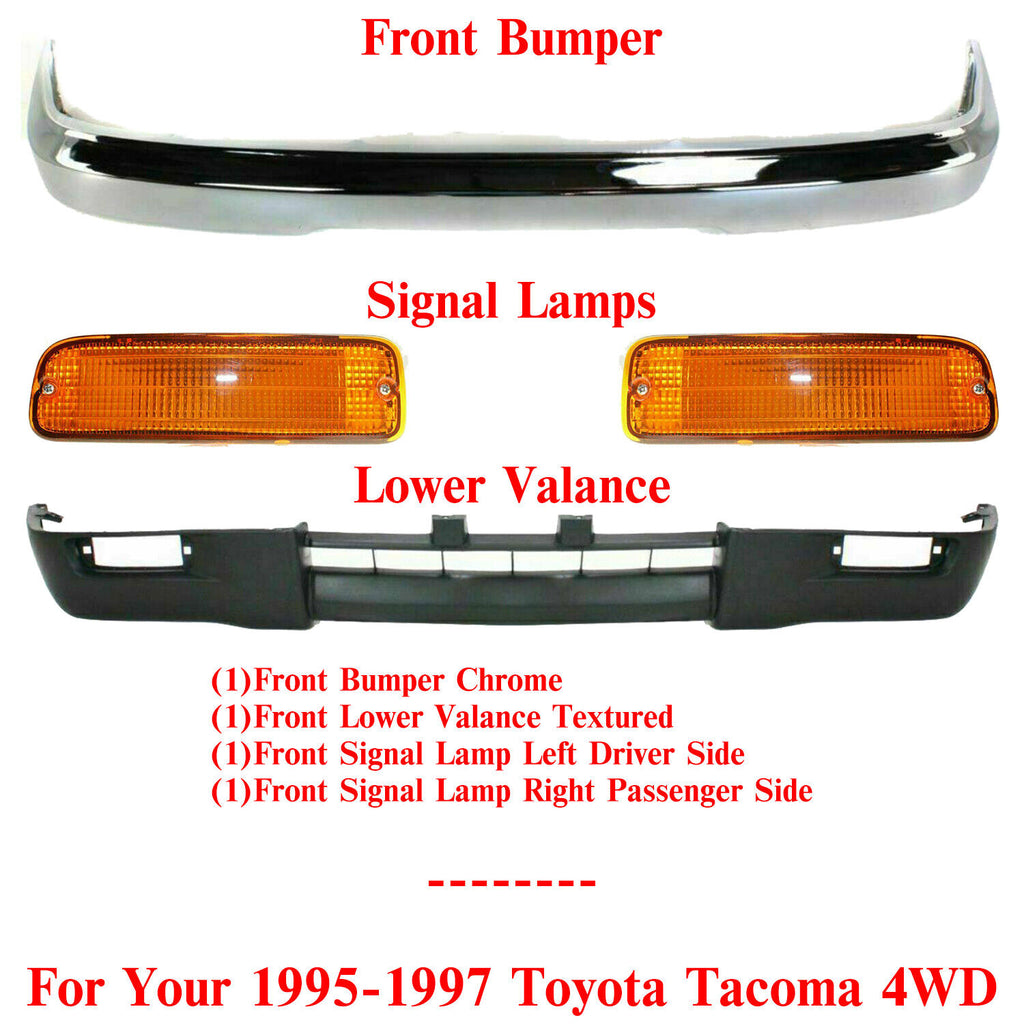 Front Bumper Chrome Steel + Lower Valance + Signal Lamps For 1995-97 Tacoma 4WD