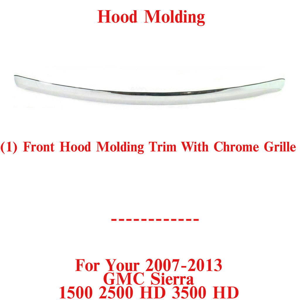Front Hood Molding Trim With Chrome For 2007-2013 GMC Sierra 1500 2500 HD 3500