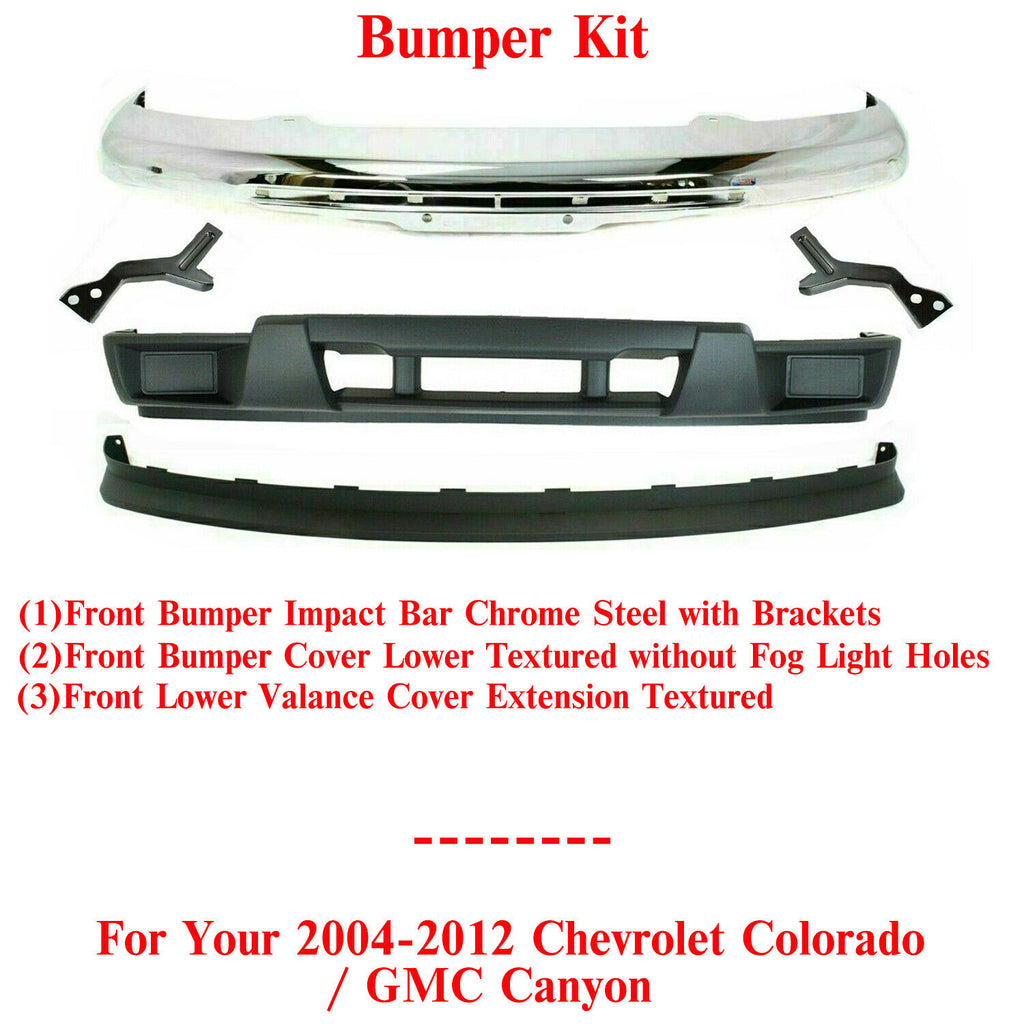 Front Bumper Chrome With Bracket + Valance + Extension For 04-12 Colorado/Canyon