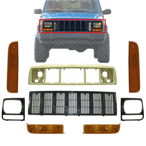 Header Panel Grille Headlight Door Park & corner Lights For 97-01 Jeep Cherokee