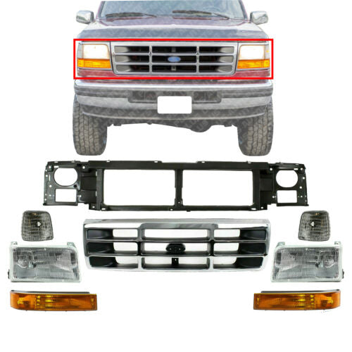 Front Header Panel + Grille + Head Lights Kit For 1992-1997 Ford F150 F250 F350