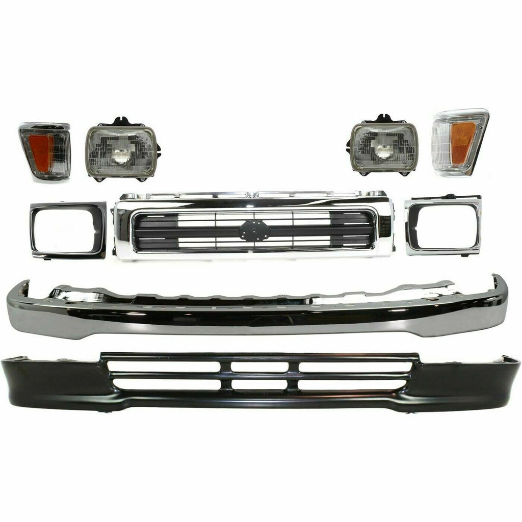 Front Bumper + Grille Chrome + Valance + Lamps For 1992-1995 Toyota Pickup 4WD