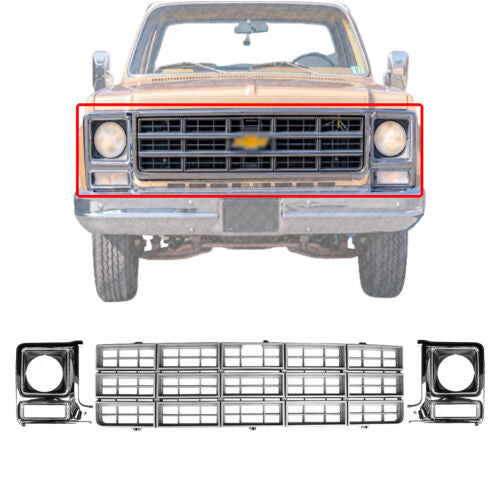 Grille silver and Headlamp Bezel Chrome For 79-80 Chevy GMC C/K Series C10 C20