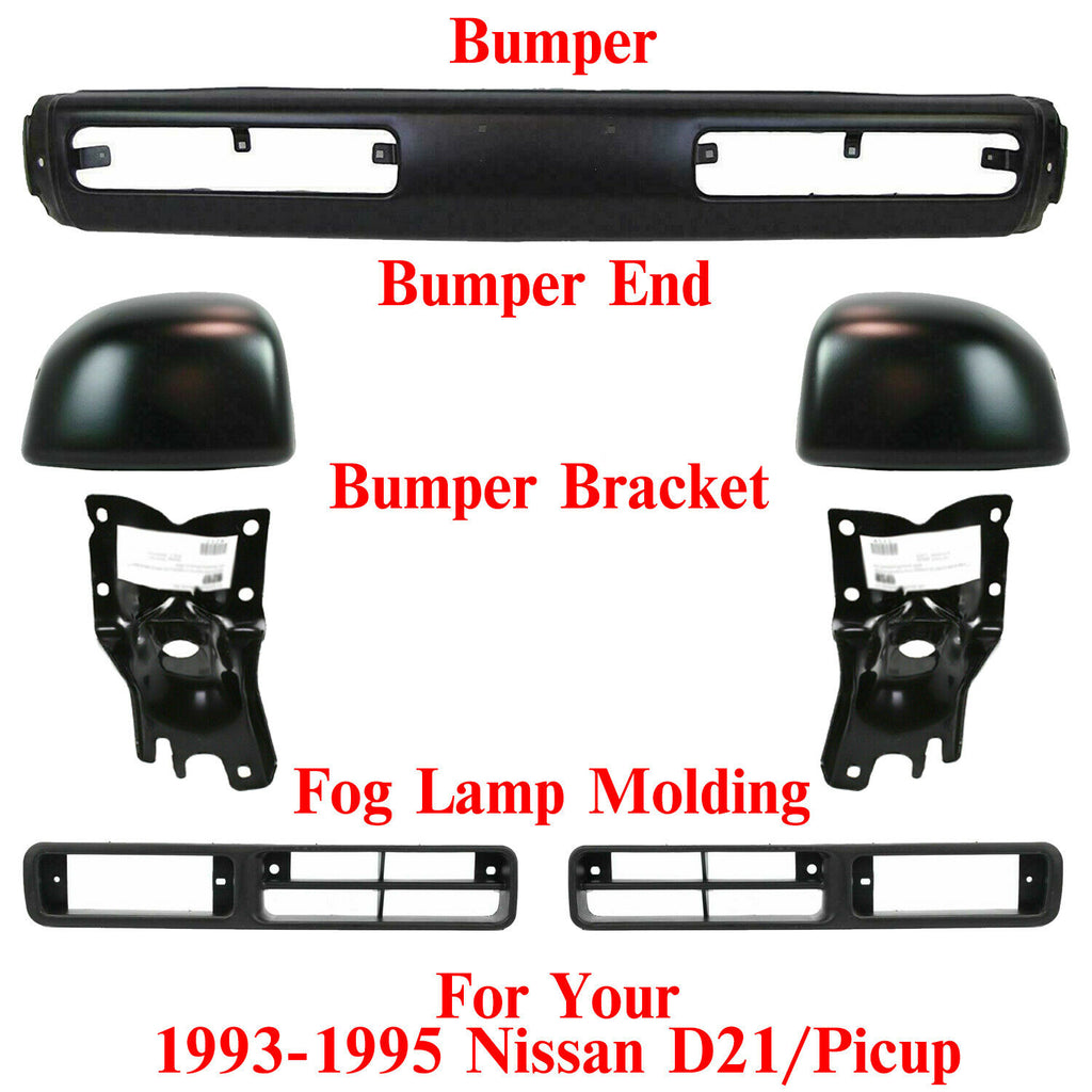 Front Bumper+End Cap+Brackets+Fog Lamp Bezel LH+RH For 1993-95 Nissan D21/Pickup