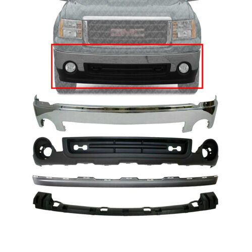 Front Bumper Chrome + Valance + Extension Bracket For 2007-2013 GMC Sierra 1500