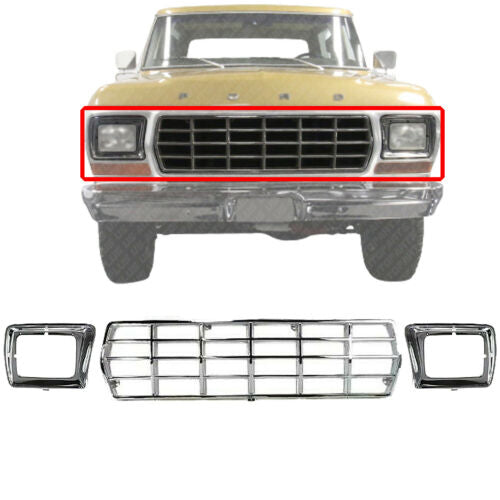 Front Grille Chrome + Head Lamps Bezels For 1978-1979 Ford F-Series / Bronco