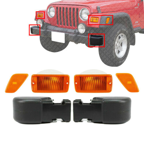 Front Bumper End Caps + Signal Lamp & Side Marker Lights For 01-06 Wrangler (TJ)