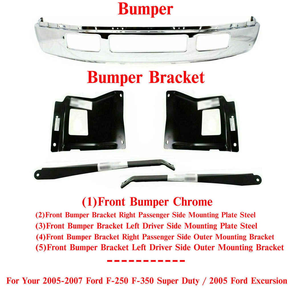 Front Bumper Chrome Steel + Bracket For 2005-2007 Ford F-250 F-350 Super Duty