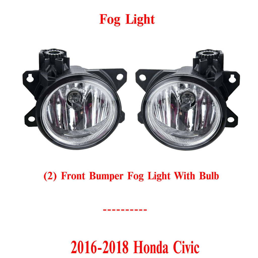 Front Bumper Fog Light Left & Right Side Assembly For 2016-2018 Honda Civic