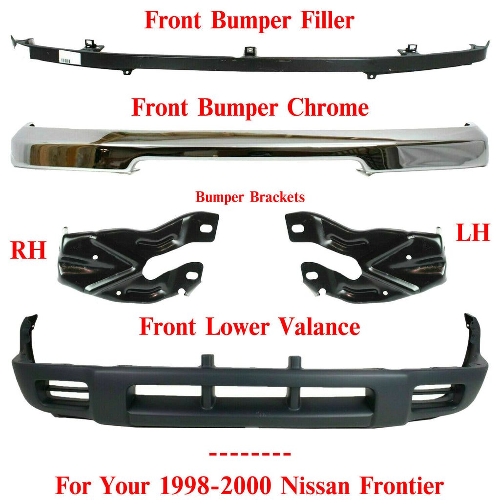 Bumper Chrome + Upper Filler + Valance + Brackets For 1998-2000 Nissan Frontier