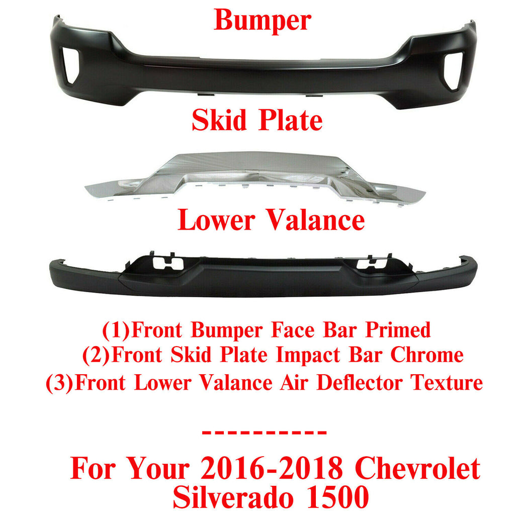 Front Bumper Primed + Lower Valance + Skid Plate For 2016-2018 Chevrolet 1500