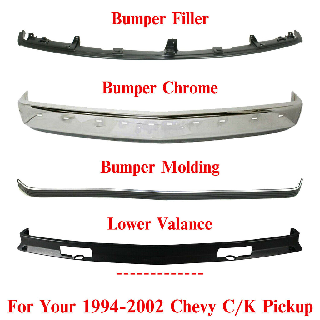 Front Bumper Chrome +Filler + Molding + Valance For 1988-2002 Chevy C/K Pickup