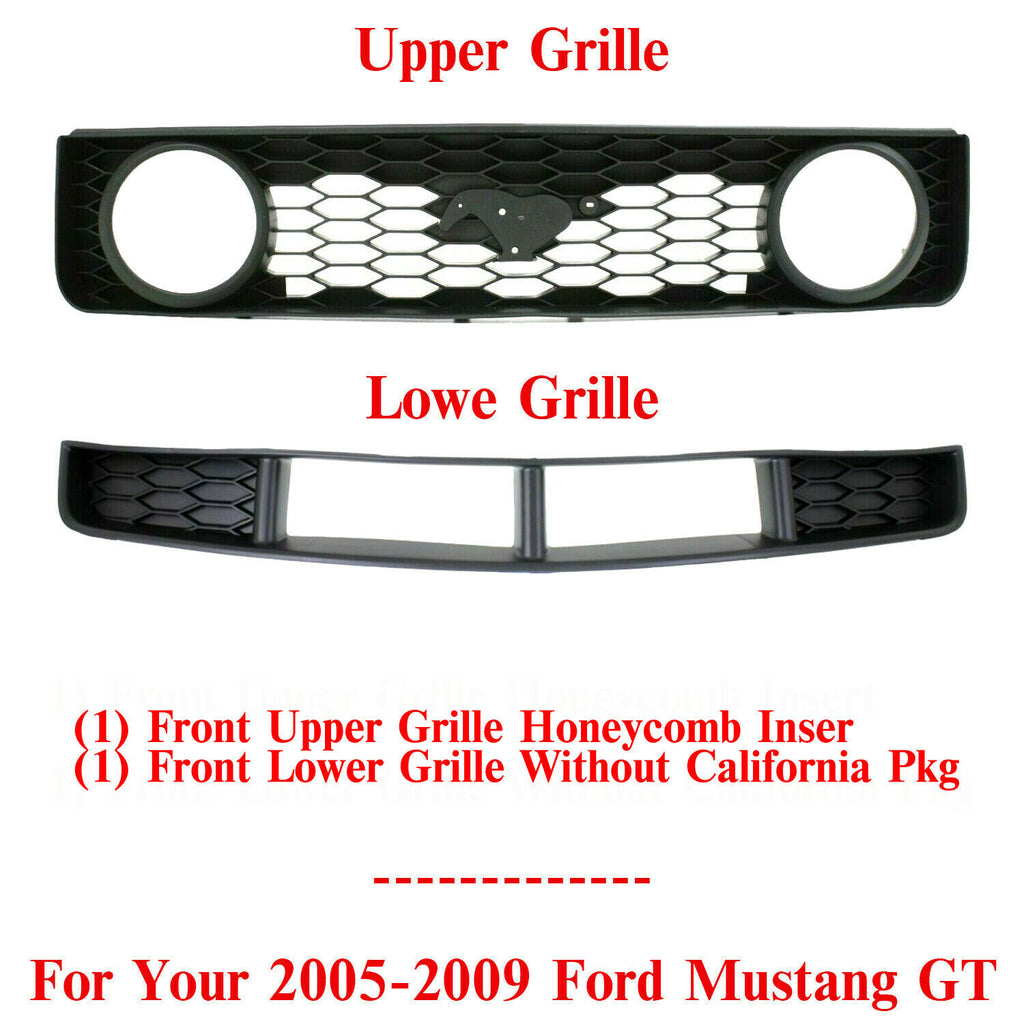 Front Bumper Lower & Upper Grille Textured For 2005-2009 Ford Mustang GT