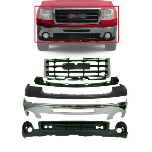 Front Bumper Chrome + Grille + Upper + Valance For 2007-2013 GMC Sierra 1500