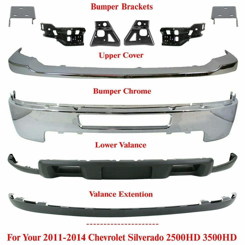 Front Bumper Chrome Kit with Brackets For 2011-14 Chevy Silverado 2500HD 3500HD