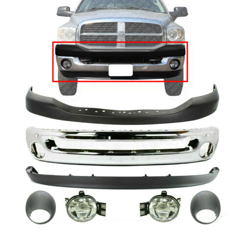 Front Chrome Bumper Kit + Fog Light & Bezel For 2006-09 Dodge Ram 1500 2500 3500