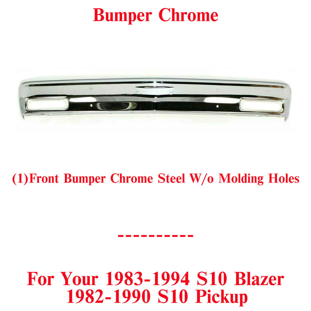 Front Bumper Chrome w/o Molding Holes For 1983-90 Chevrolet S10 Blazer / GMC S15